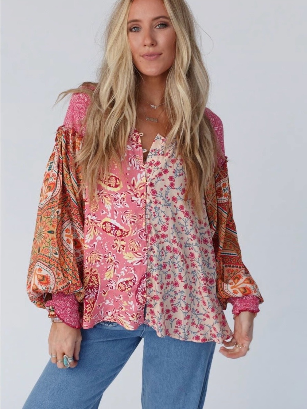 Oli & Hali Boho Patchwork Pink Mixed  Floral Print Split-Neck Women's Top Sz M